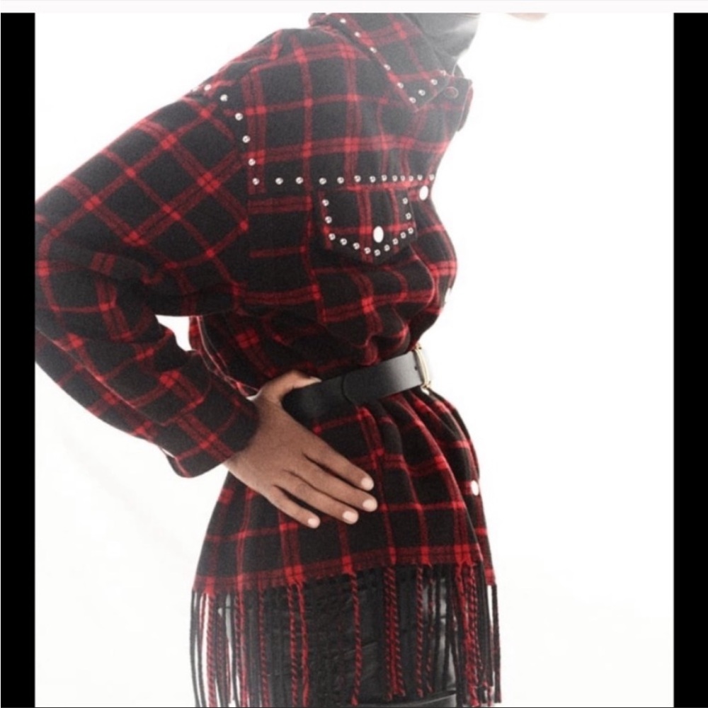 Zara Red and Black Plaid Studded Fringe Coat